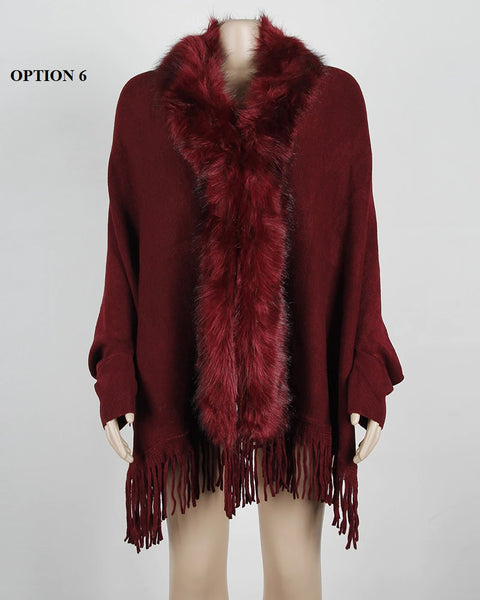 New fur collar, fringes, oversized, winter poncho and cape, bat sleeves, Cardigan shawl CODE: KAR1245