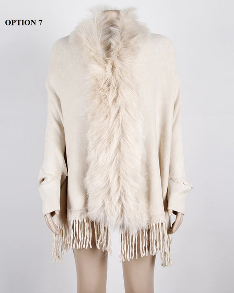 New fur collar, fringes, oversized, winter poncho and cape, bat sleeves, Cardigan shawl CODE: KAR1245
