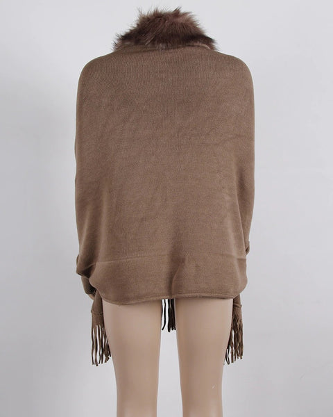 New fur collar, fringes, oversized, winter poncho and cape, bat sleeves, Cardigan shawl CODE: KAR1245