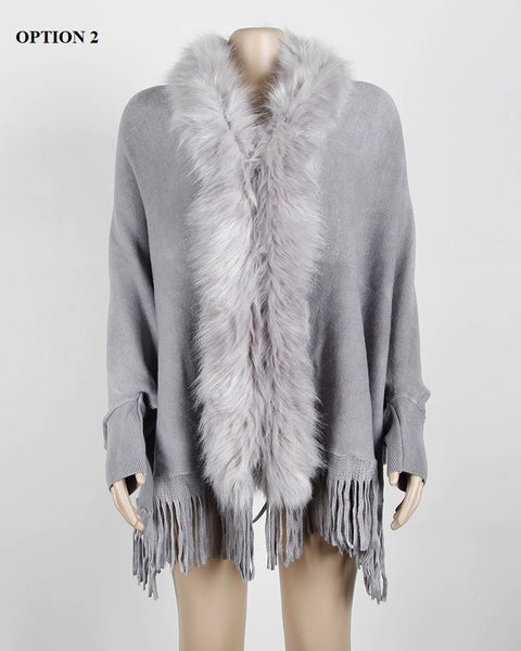 New fur collar, fringes, oversized, winter poncho and cape, bat sleeves, Cardigan shawl CODE: KAR1245