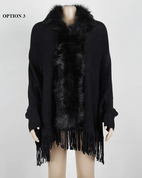 New fur collar, fringes, oversized, winter poncho and cape, bat sleeves, Cardigan shawl CODE: KAR1245