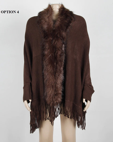 New fur collar, fringes, oversized, winter poncho and cape, bat sleeves, Cardigan shawl CODE: KAR1245