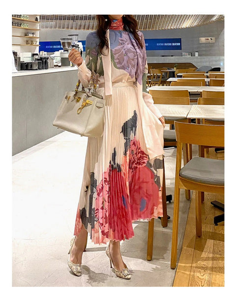 New Elegant, Floral Print, Long Sleeve, Bow Collar, Pleated, High Waist, Long Skirt 2 Piece Set CODE: KAR1259