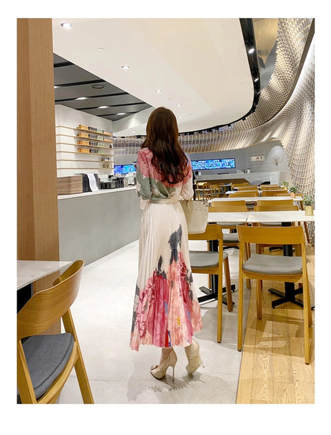 New Elegant, Floral Print, Long Sleeve, Bow Collar, Pleated, High Waist, Long Skirt 2 Piece Set CODE: KAR1259