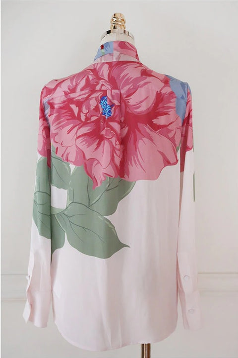 New Elegant, Floral Print, Long Sleeve, Bow Collar, Pleated, High Waist, Long Skirt 2 Piece Set CODE: KAR1259