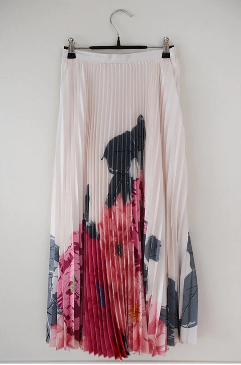 New Elegant, Floral Print, Long Sleeve, Bow Collar, Pleated, High Waist, Long Skirt 2 Piece Set CODE: KAR1259