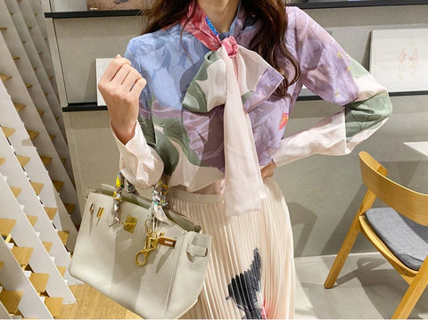 New Elegant, Floral Print, Long Sleeve, Bow Collar, Pleated, High Waist, Long Skirt 2 Piece Set CODE: KAR1259