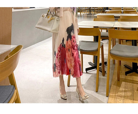 New Elegant, Floral Print, Long Sleeve, Bow Collar, Pleated, High Waist, Long Skirt 2 Piece Set CODE: KAR1259