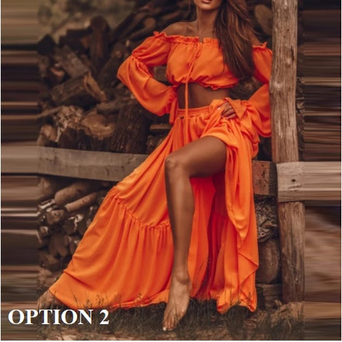 New Sexy Loose Pleated, Long Sleeve Maxi Skirt, Strapless Top, Casual Beach Wear CODE: KAR1282