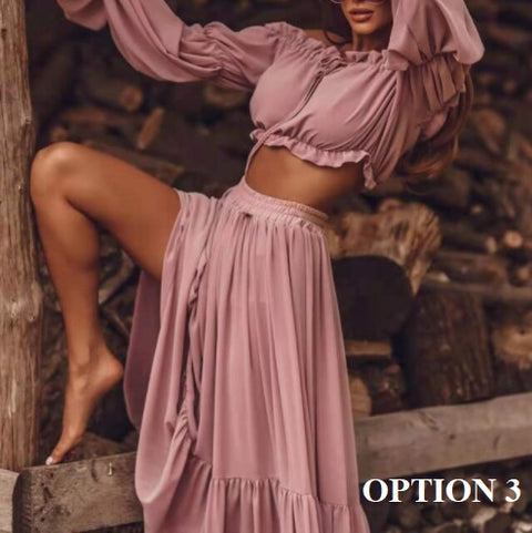 New Sexy Loose Pleated, Long Sleeve Maxi Skirt, Strapless Top, Casual Beach Wear CODE: KAR1282