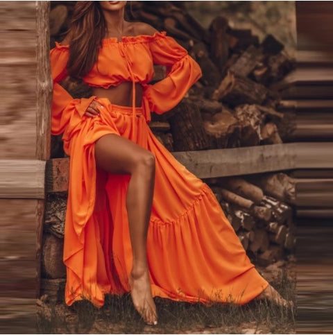 New Sexy Loose Pleated, Long Sleeve Maxi Skirt, Strapless Top, Casual Beach Wear CODE: KAR1282