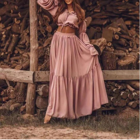 New Sexy Loose Pleated, Long Sleeve Maxi Skirt, Strapless Top, Casual Beach Wear CODE: KAR1282