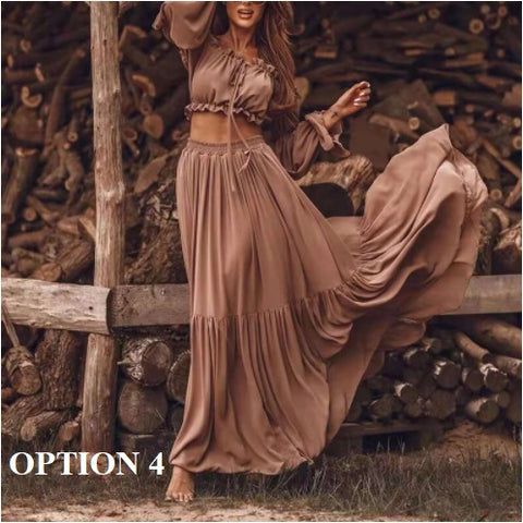 New Sexy Loose Pleated, Long Sleeve Maxi Skirt, Strapless Top, Casual Beach Wear CODE: KAR1282