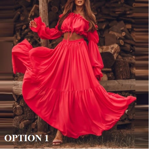 New Sexy Loose Pleated, Long Sleeve Maxi Skirt, Strapless Top, Casual Beach Wear CODE: KAR1282