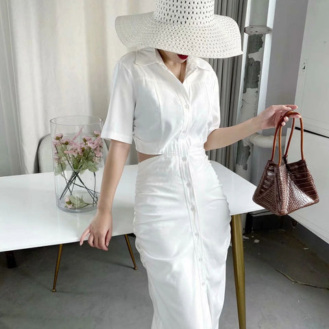 New Collection Cut Out Waist Fashionable Design Sexy Elegant Short Sleeve Midi Dress CODE: KAR1283