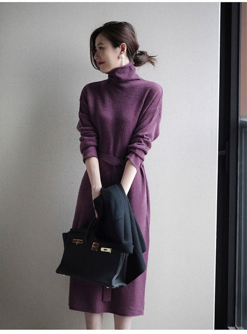 New Fall Winter Collection Casual Soft  Plus Size  High Neck Knitted Midi Dress CODE: KAR1289
