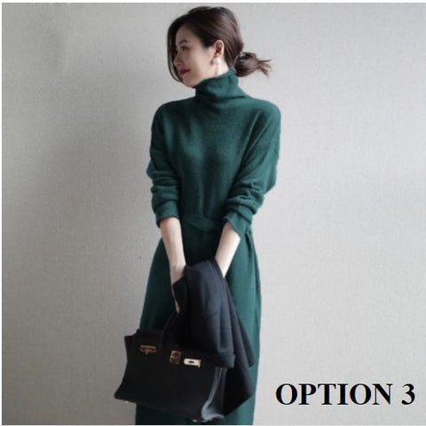 New Fall Winter Collection Casual Soft  Plus Size  High Neck Knitted Midi Dress CODE: KAR1289