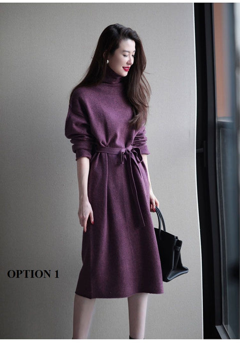 New Fall Winter Collection Casual Soft  Plus Size  High Neck Knitted Midi Dress CODE: KAR1289