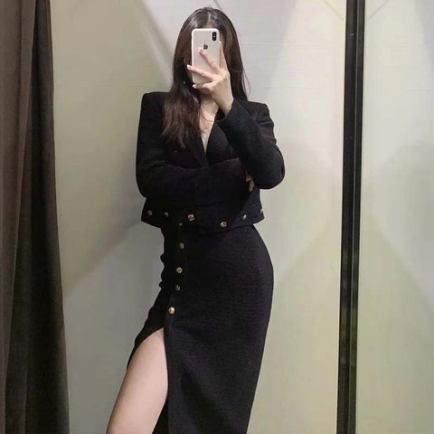 New Fashionable, Casual Short Blazer, with Metal Button, Coat, Midi Skirt set CODE: KAR1291