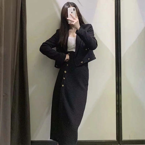 New Fashionable, Casual Short Blazer, with Metal Button, Coat, Midi Skirt set CODE: KAR1291