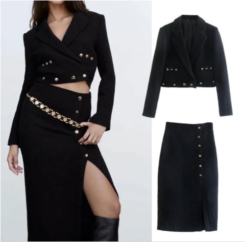 New Fashionable, Casual Short Blazer, with Metal Button, Coat, Midi Skirt set CODE: KAR1291