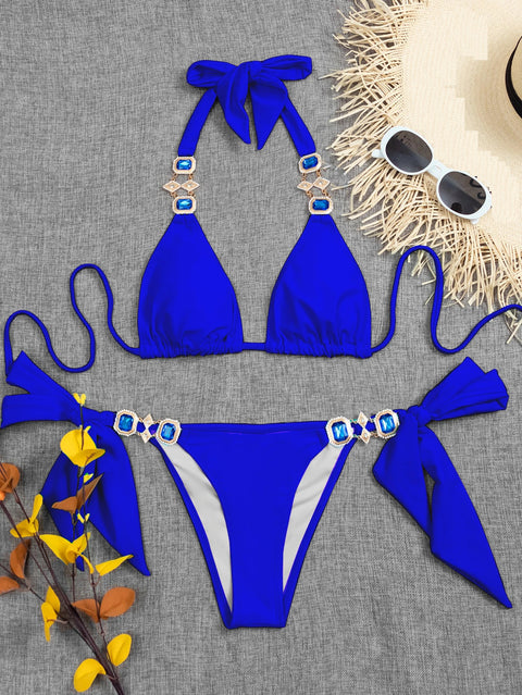 New Solid Color, Sapphire Crystal, Backless, With Tie, Sexy Two Piece Swimsuit CODE: KAR1298
