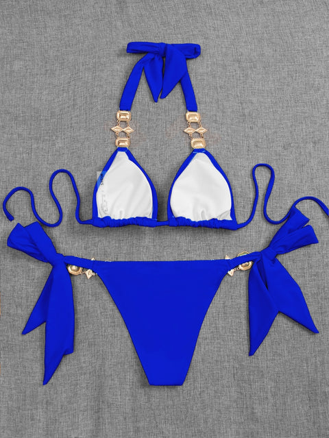 New Solid Color, Sapphire Crystal, Backless, With Tie, Sexy Two Piece Swimsuit CODE: KAR1298