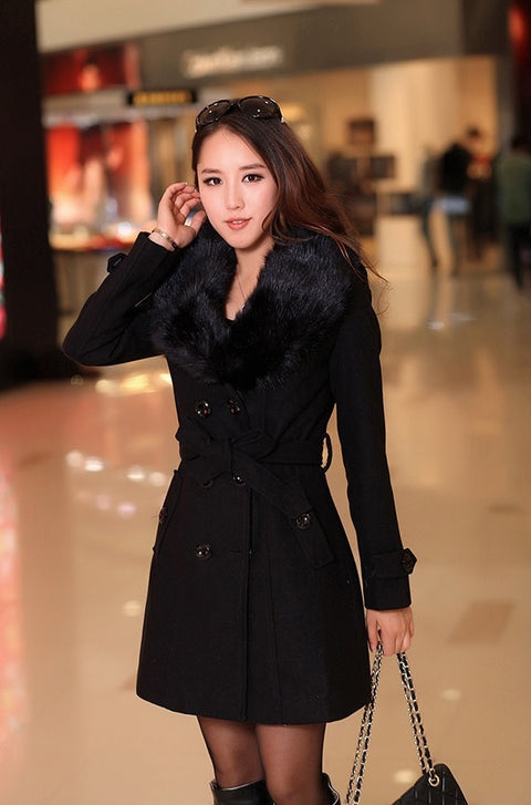 Double Fur Collar  Long Winter High Quality  Woolen Coat CODE: KAR1304