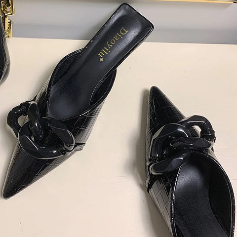 New Thin Low Heel Mules Pointed Toe Chain Slip On Mules Trendy Slippers CODE: KAR1327