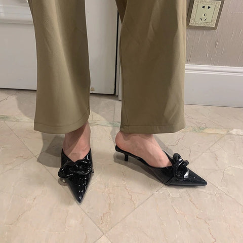 New Thin Low Heel Mules Pointed Toe Chain Slip On Mules Trendy Slippers CODE: KAR1327