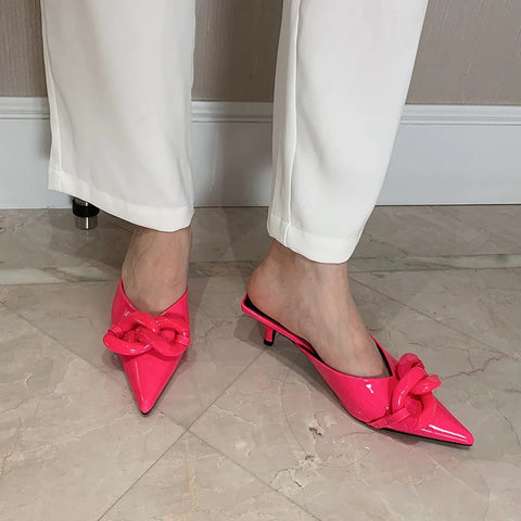 New Thin Low Heel Mules Pointed Toe Chain Slip On Mules Trendy Slippers CODE: KAR1327