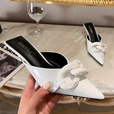 New Thin Low Heel Mules Pointed Toe Chain Slip On Mules Trendy Slippers CODE: KAR1327