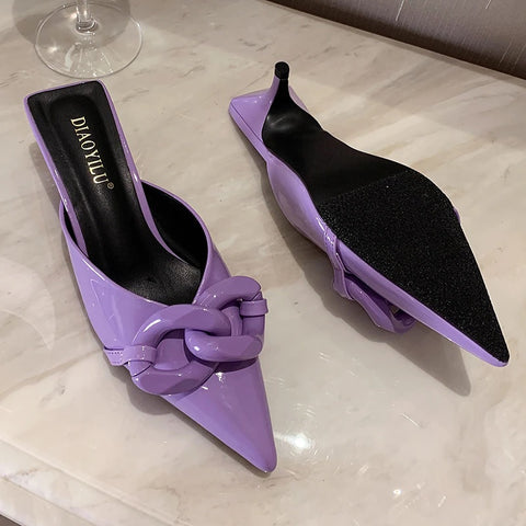 New Thin Low Heel Mules Pointed Toe Chain Slip On Mules Trendy Slippers CODE: KAR1327