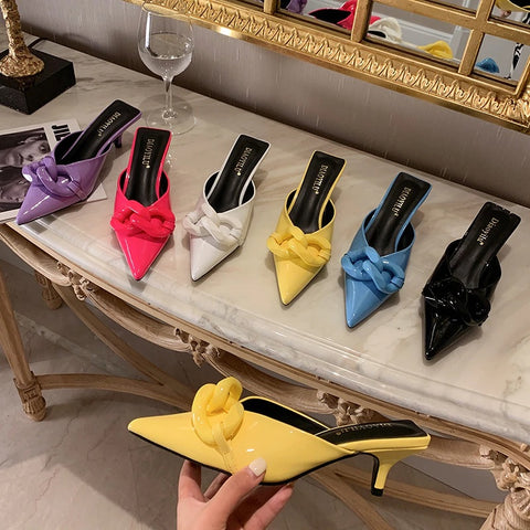 New Thin Low Heel Mules Pointed Toe Chain Slip On Mules Trendy Slippers CODE: KAR1327