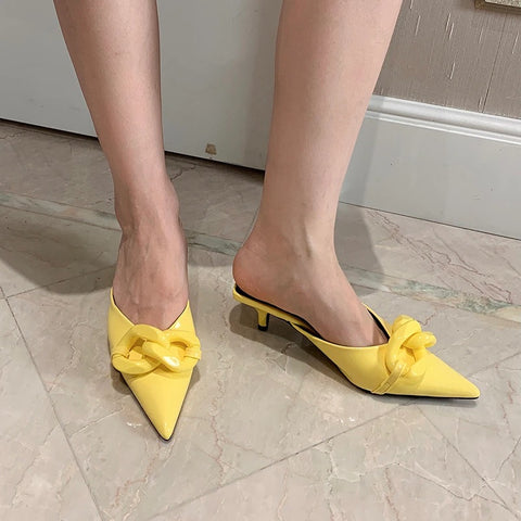 New Thin Low Heel Mules Pointed Toe Chain Slip On Mules Trendy Slippers CODE: KAR1327