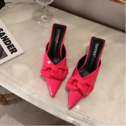 New Thin Low Heel Mules Pointed Toe Chain Slip On Mules Trendy Slippers CODE: KAR1327