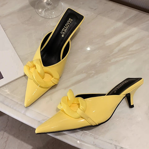 New Thin Low Heel Mules Pointed Toe Chain Slip On Mules Trendy Slippers CODE: KAR1327