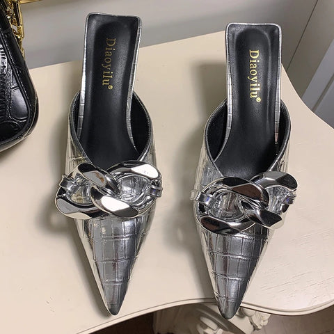 New Thin Low Heel Mules Pointed Toe Chain Slip On Mules Trendy Slippers CODE: KAR1327