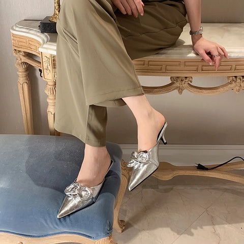 New Thin Low Heel Mules Pointed Toe Chain Slip On Mules Trendy Slippers CODE: KAR1327