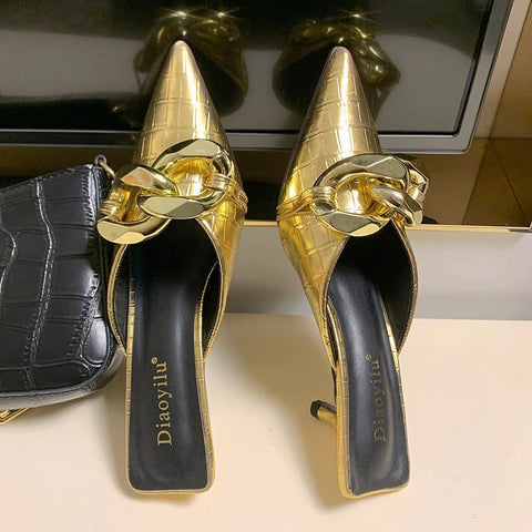 New Thin Low Heel Mules Pointed Toe Chain Slip On Mules Trendy Slippers CODE: KAR1327