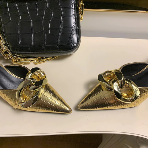New Thin Low Heel Mules Pointed Toe Chain Slip On Mules Trendy Slippers CODE: KAR1327