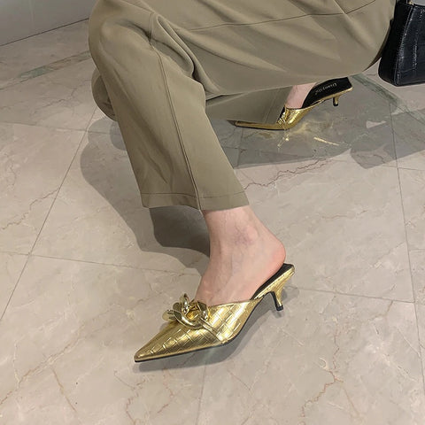 New Thin Low Heel Mules Pointed Toe Chain Slip On Mules Trendy Slippers CODE: KAR1327