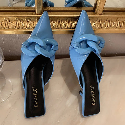 New Thin Low Heel Mules Pointed Toe Chain Slip On Mules Trendy Slippers CODE: KAR1327
