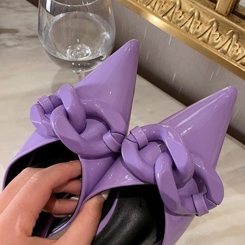 New Thin Low Heel Mules Pointed Toe Chain Slip On Mules Trendy Slippers CODE: KAR1327