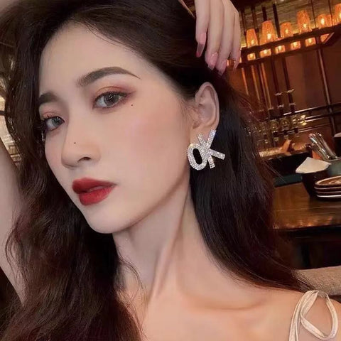 Shiny Crystal Earrings Letter OK CODE: KAR1334