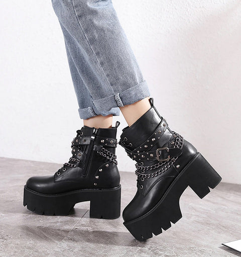 New Sexy Black Ankle ,High Heel , Lace Up Night Club Short Boots With Chain CODE: KAR1342