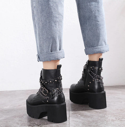 New Sexy Black Ankle ,High Heel , Lace Up Night Club Short Boots With Chain CODE: KAR1342