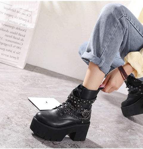New Sexy Black Ankle ,High Heel , Lace Up Night Club Short Boots With Chain CODE: KAR1342