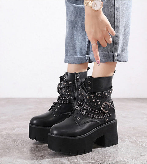 New Sexy Black Ankle ,High Heel , Lace Up Night Club Short Boots With Chain CODE: KAR1342