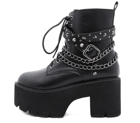 New Sexy Black Ankle ,High Heel , Lace Up Night Club Short Boots With Chain CODE: KAR1342